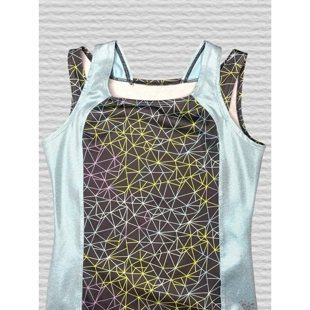 Justice Active Girls Leotard Size 14 Blue Gray Geometric Sparkly Double Strap